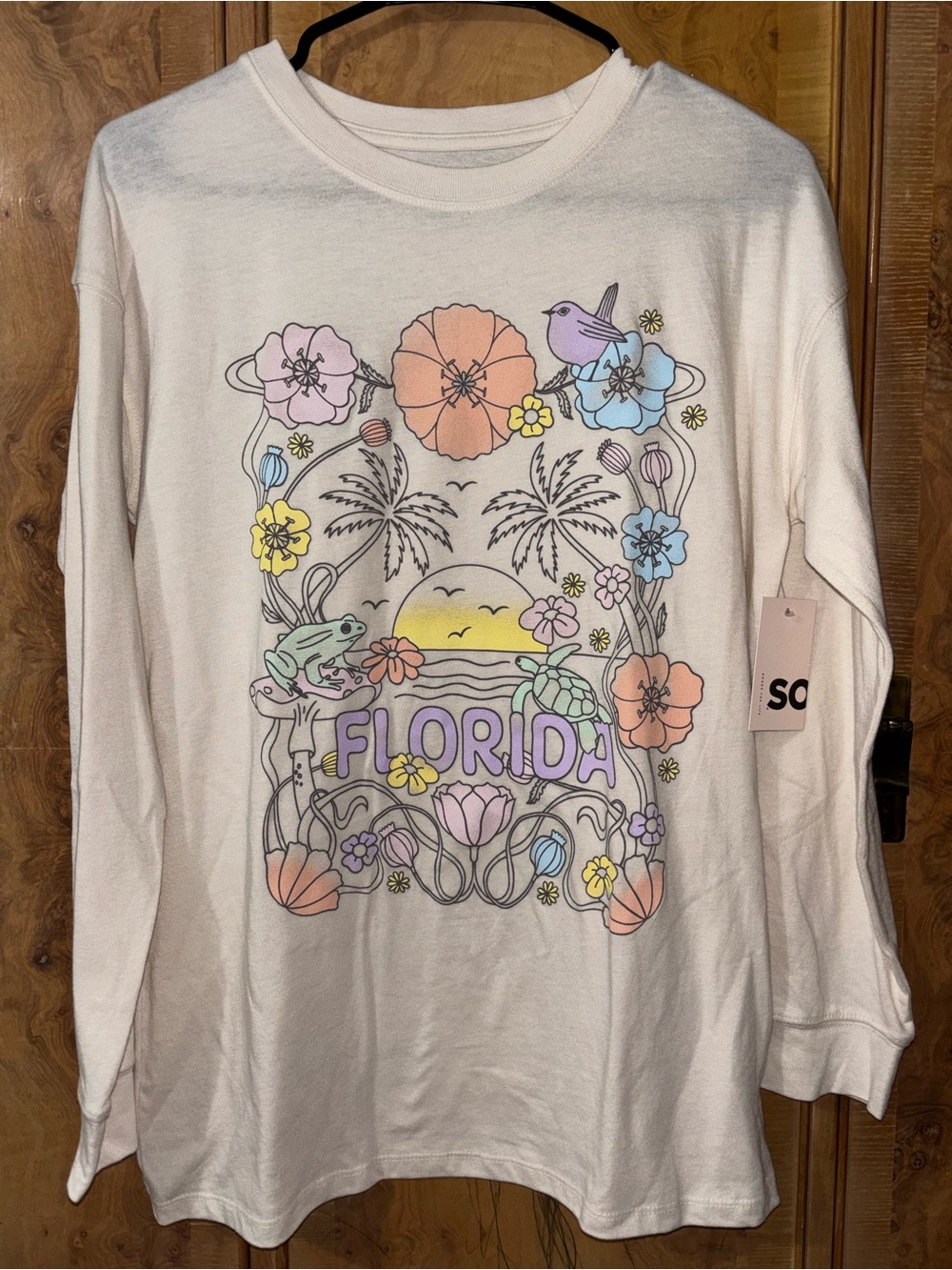 SO Pastel Florida Floral Long-Sleeve Tee - White girls size XL (14/16)